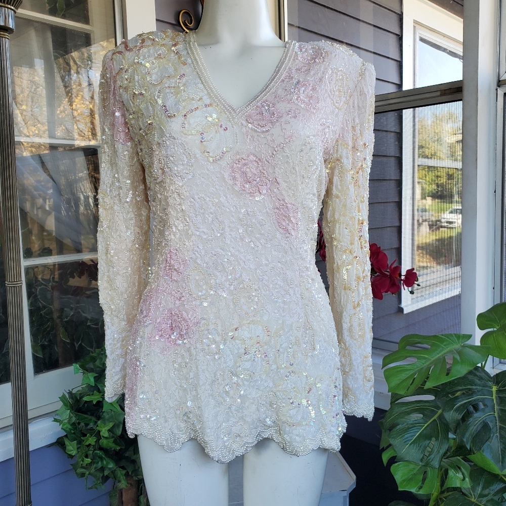 Vintage 70s-80s Judith Ann Creations Lace Sequined Beaded Pink Pearl White Top